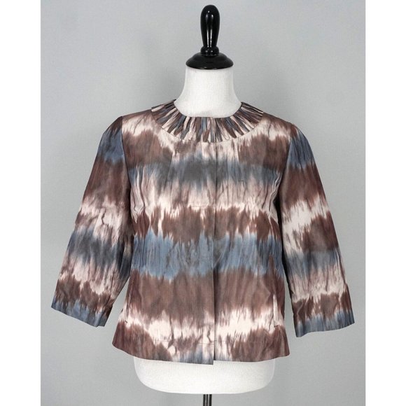 CHICOS Brown Blue White Watercolor 3/4 Sleeve Blazer Coat Jacket Size 0 S US 4 - Picture 1 of 5